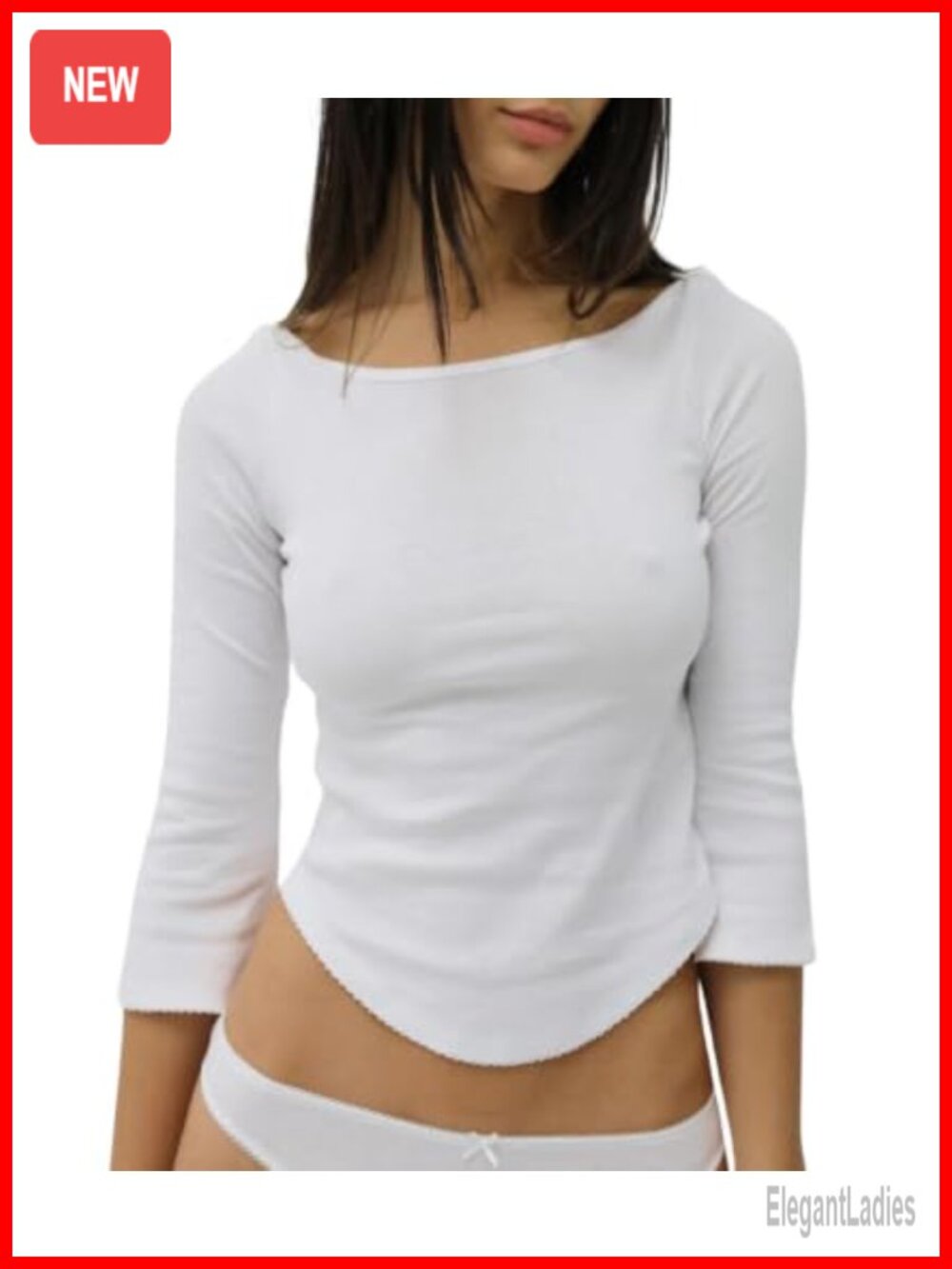Women's Y2K Boat Neck 3/4 Sleeve Crop Top Cotton Elastane Slim Fit Tee